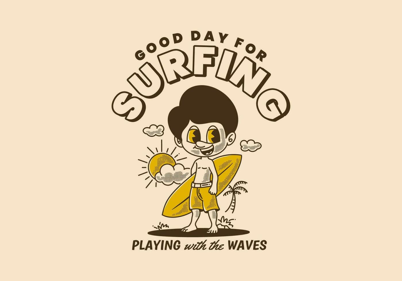 een mooi zo dag voor surfen, retro illustratie van een jongen staand Aan de strand Holding een surfboard vector