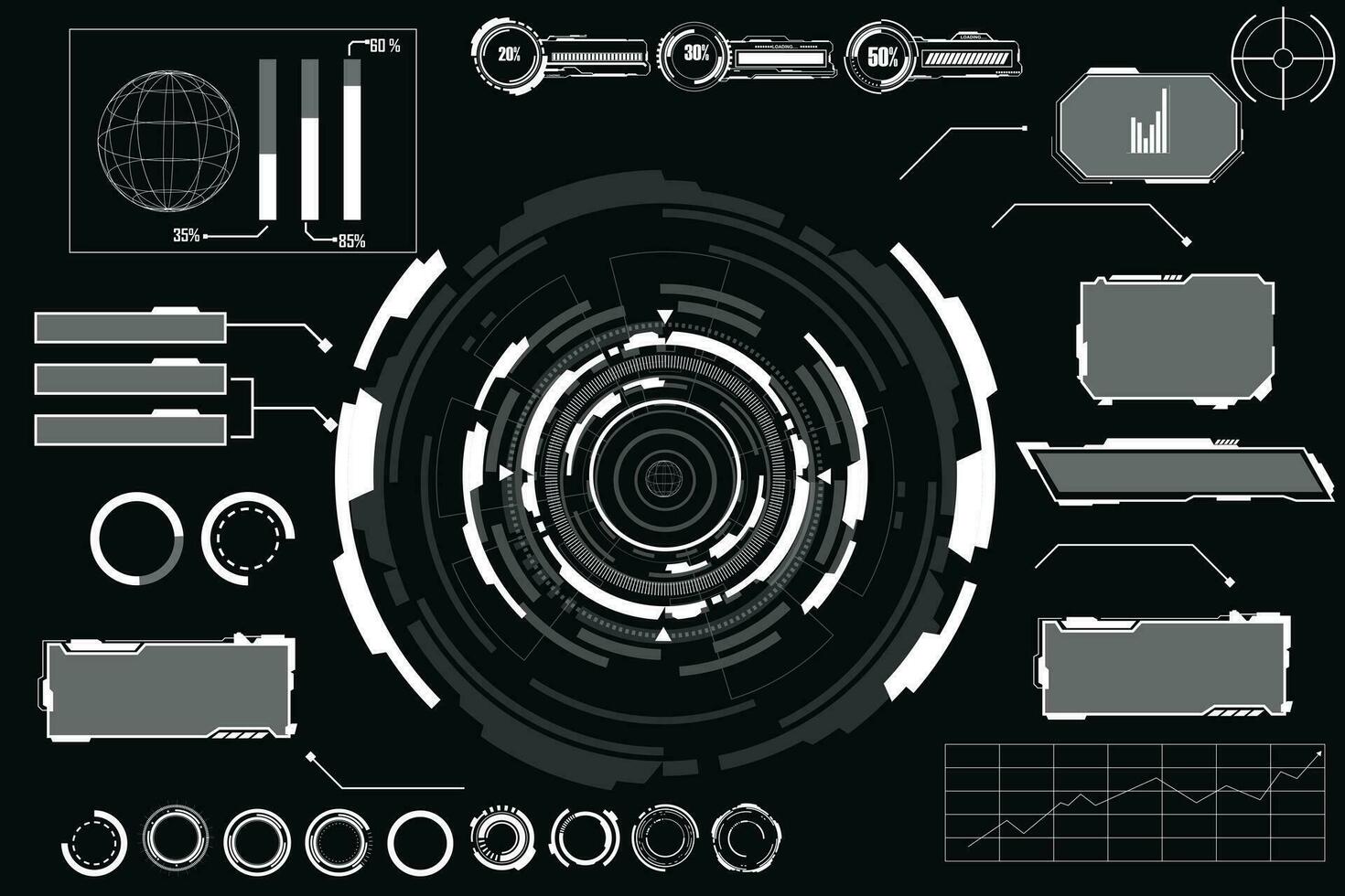 sci fi hud modern futuristische gebruiker koppel plein kaders blokken set. hoog tech scherm digitaal hologram venster. technologie achtergrond met hud dashboard koppel. vector illustratie