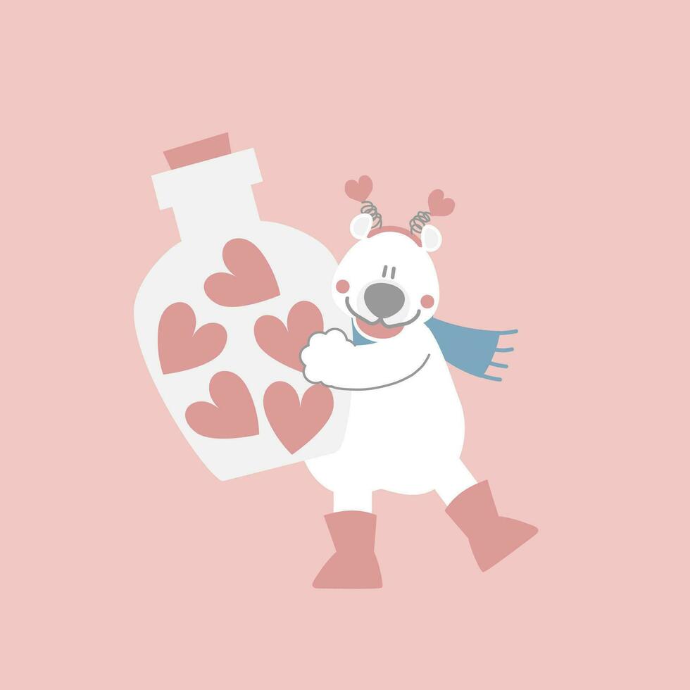 schattig en lief wit polair beer met pot van hart, gelukkig valentijnsdag dag liefde concept vlak vector illustratie tekenfilm karakter kostuum ontwerp