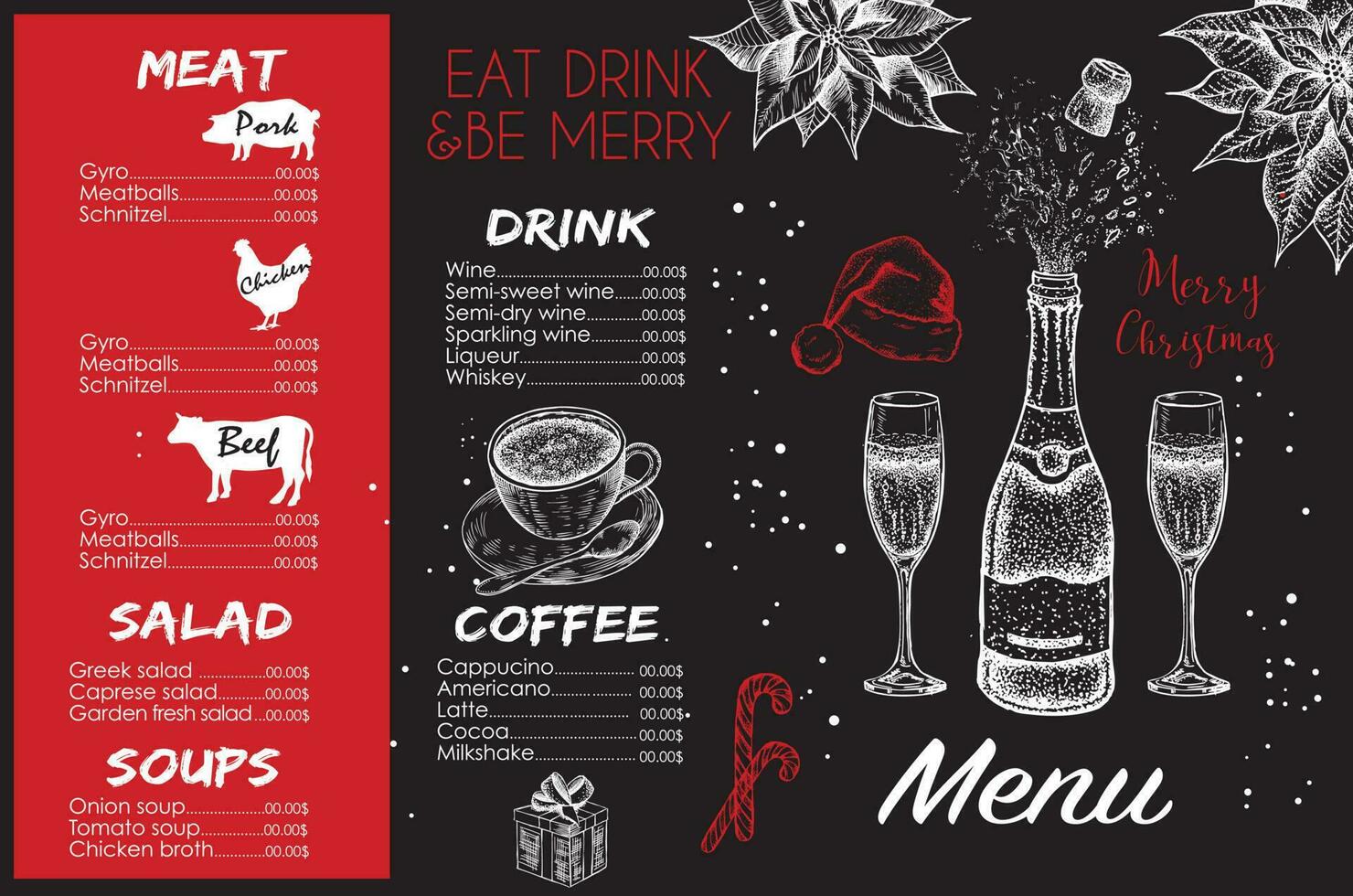 kerstmenu. ontwerp sjabloon. vector hand getekende illustratie.