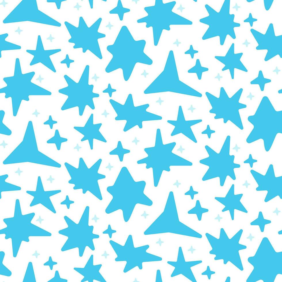 naadloos patroon in de het formulier van blauw sterren van divers vormen met afgeronde randen. helder vonken, flitsen, vergelijkbaar naar vuurwerk Aan een wit achtergrond, gloed. flikkeren schittering gloed licht effect helder vector