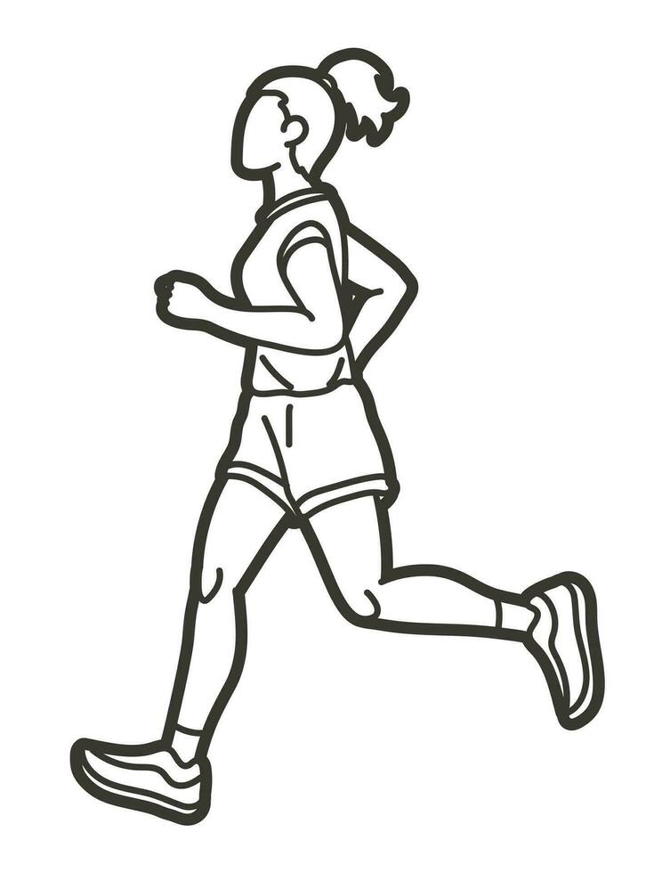 schets een vrouw rennen actie tekenfilm vrouw rennen sport grafisch vector