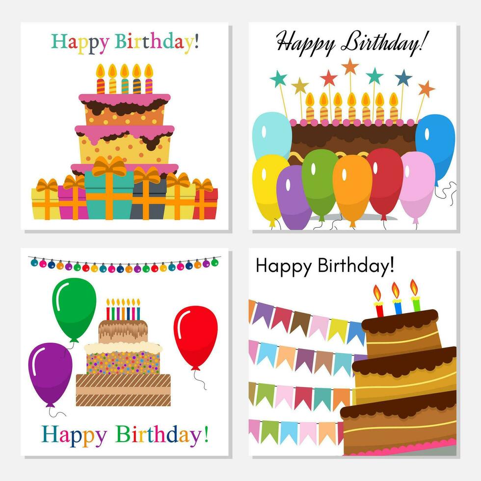 reeks van vier groet kaarten met zoet taart voor verjaardag viering. vector illustratie