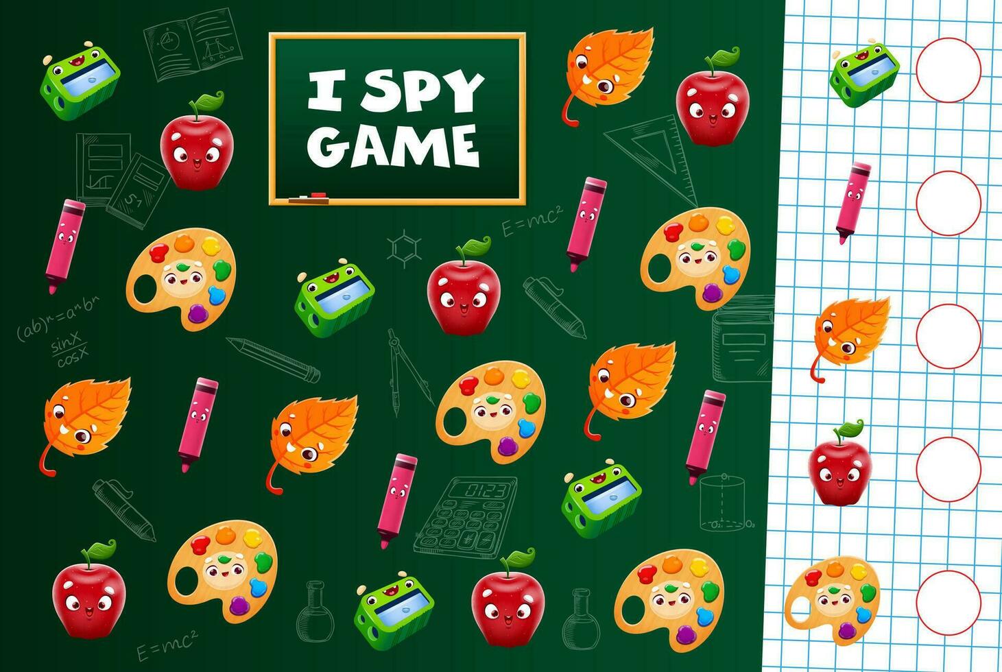 ik spion spel, tekenfilm school- schrijfbehoeften tekens vector