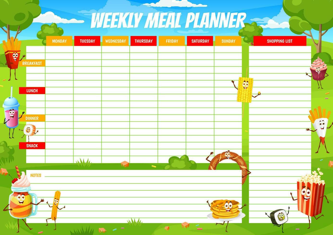 wekelijks maaltijd planner, tekenfilm snel voedsel, desserts vector