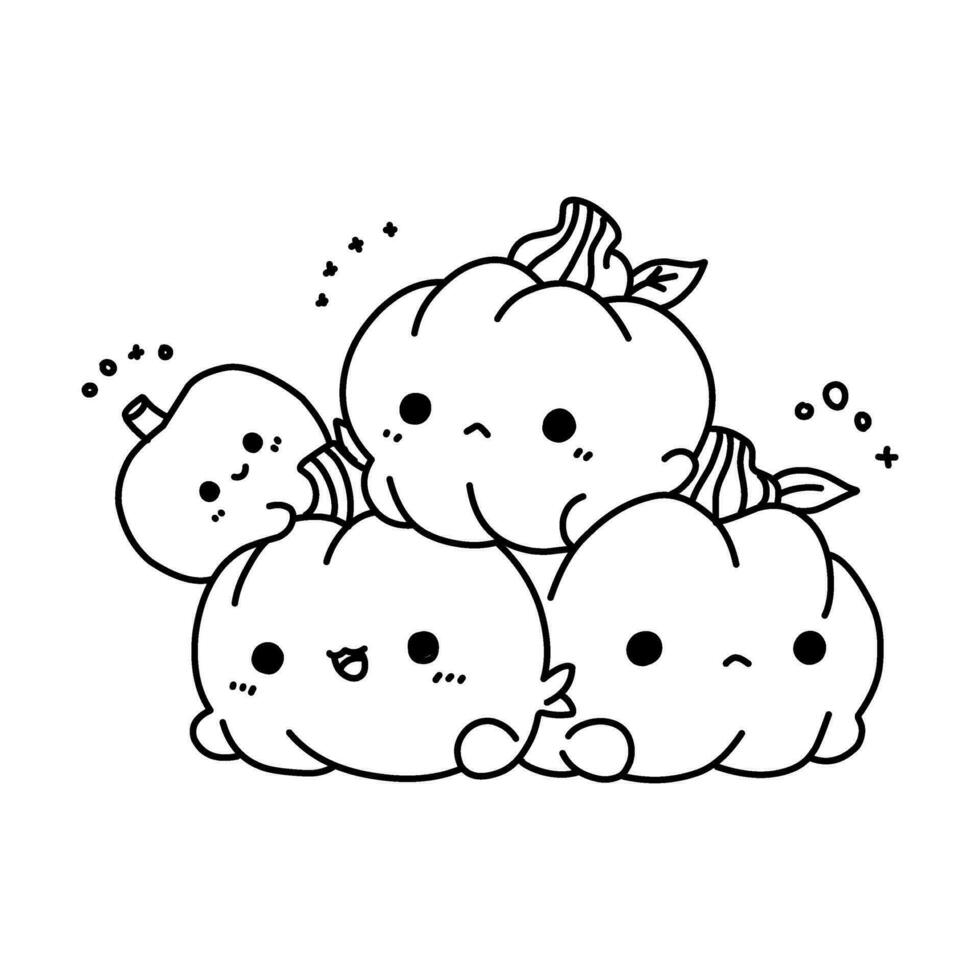 een vector van een schattig kawaii pompoenen in zwart en wit kleuring, kleuring bladzijde halloween