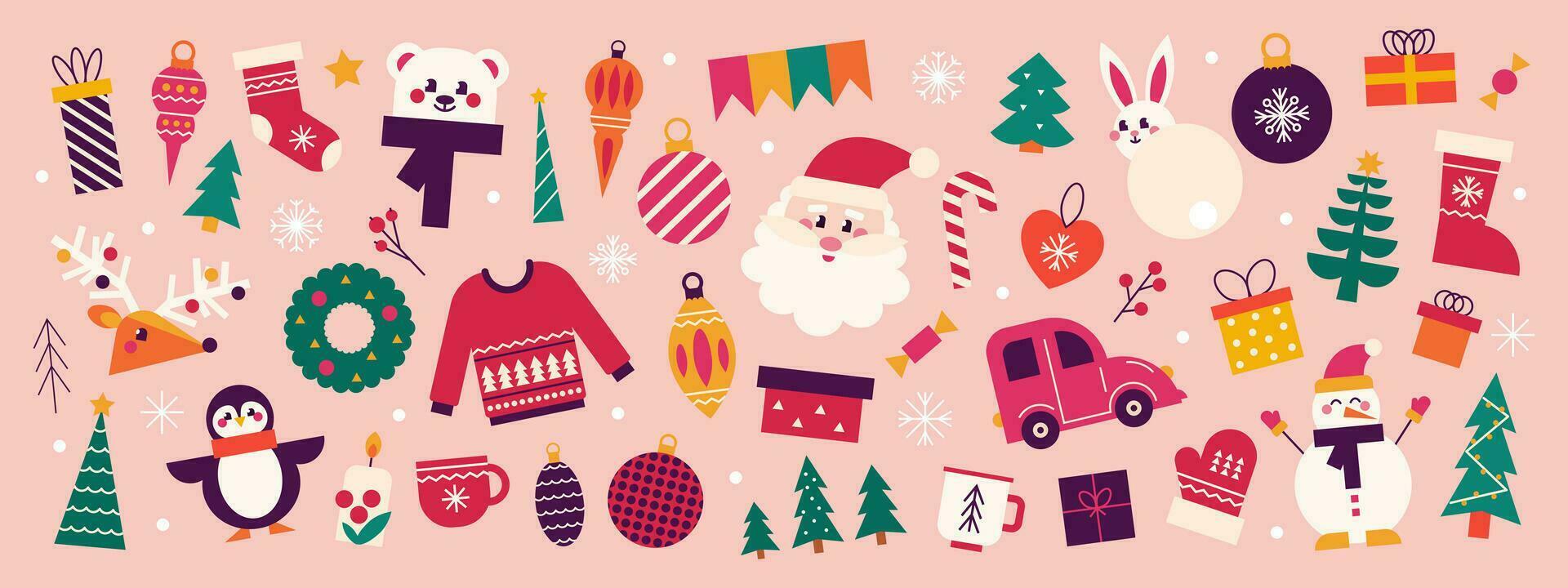 Kerstmis en nieuw jaar set. de kerstman, geschenken, Kerstmis boom, hert en feestelijk elementen. vector neiging illustratie