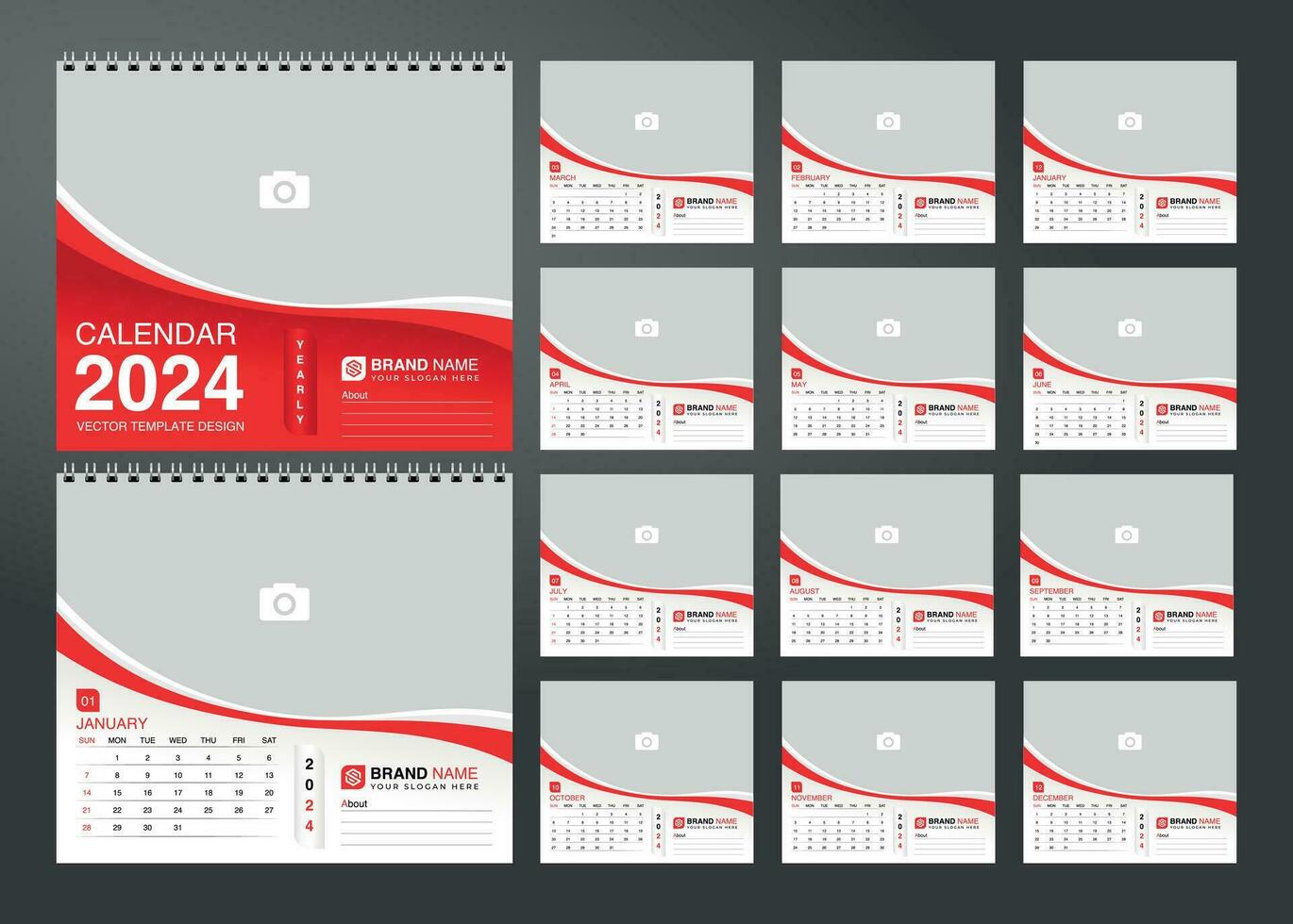 bureau kalender 2024 sjabloon. 12 maanden inbegrepen. bewerkbare 2024 kalender ontwerp. vector illustratie