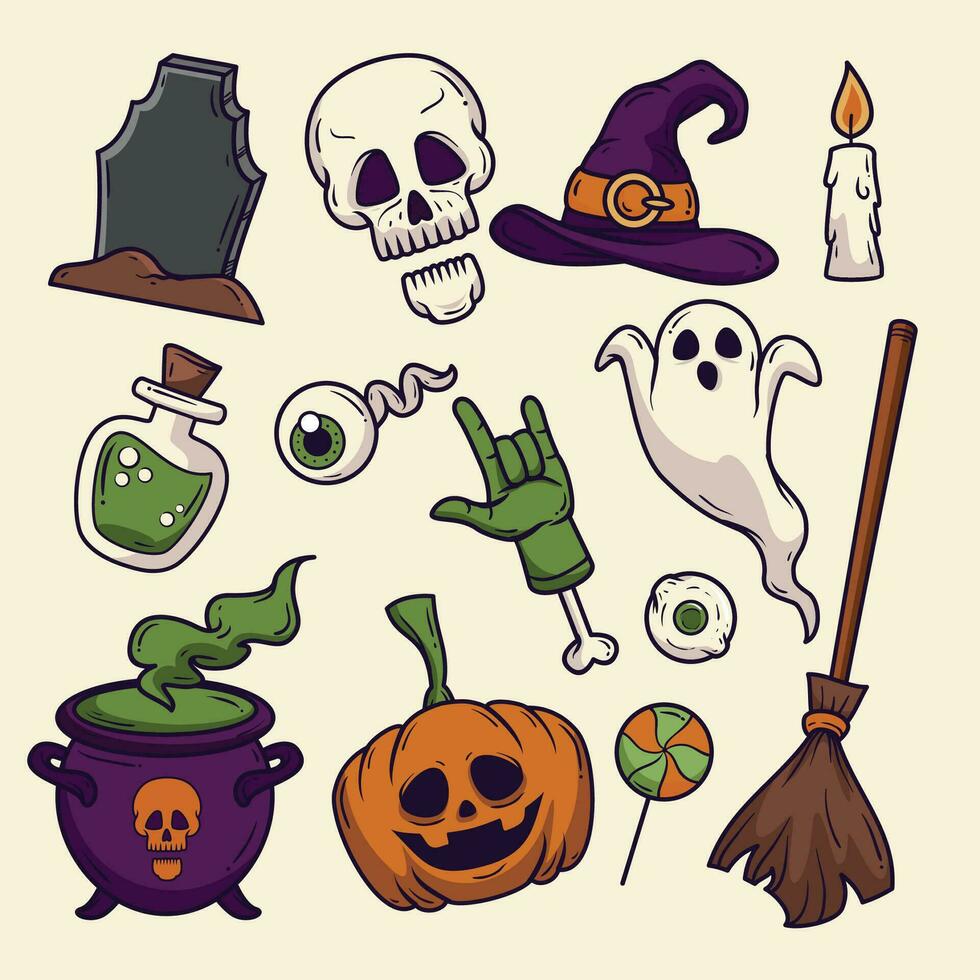 halloween pictogrammen reeks met schedel, heks, pompoen, bezem, ketel, schedel, heks vector