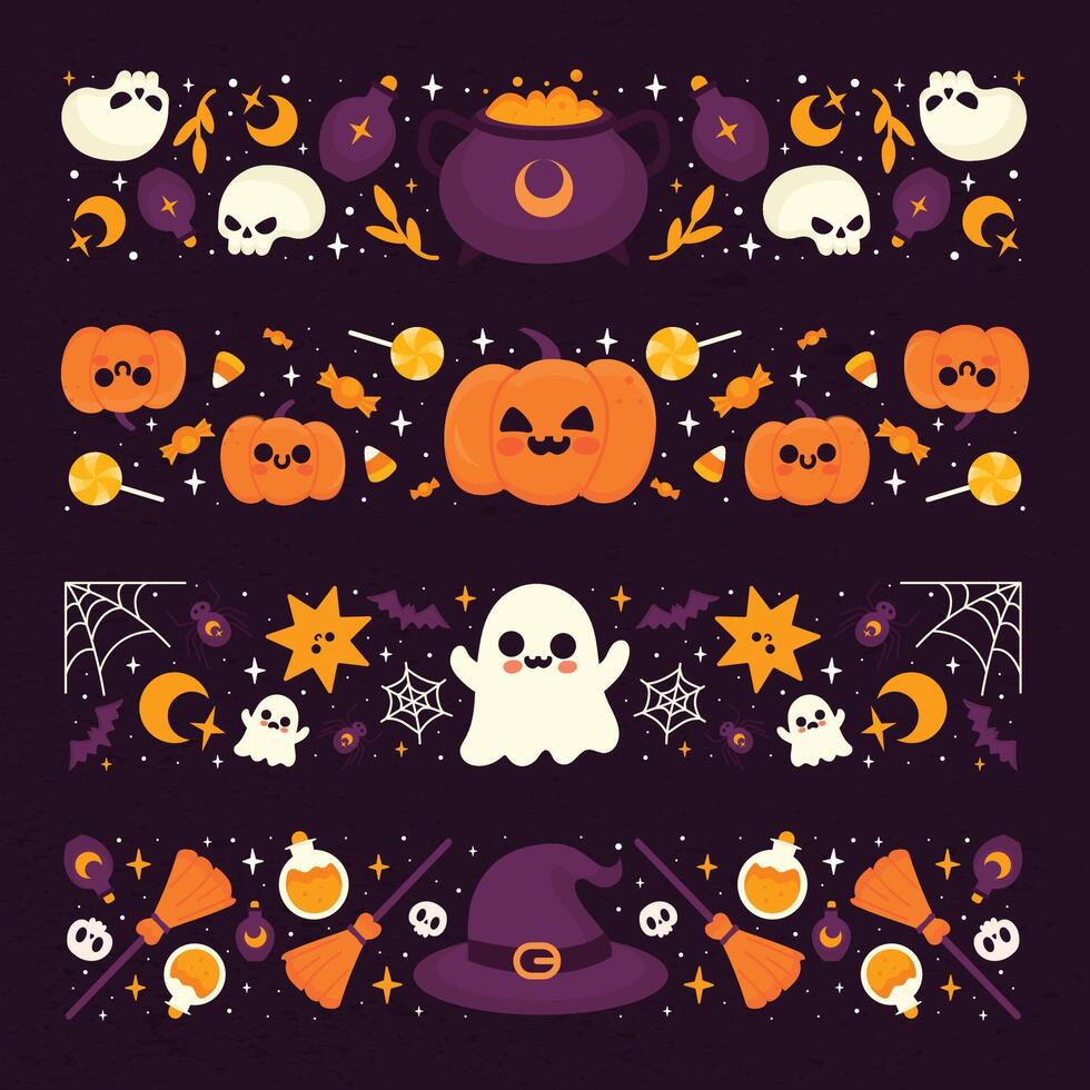 halloween banier reeks met pompoenen, geesten, heksen en andere items vector