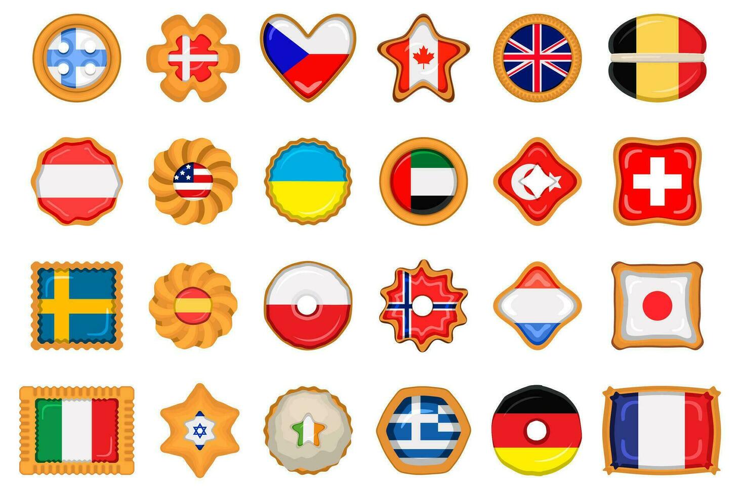 reeks eigengemaakt koekje met vlag land wereld in smakelijk biscuit vector