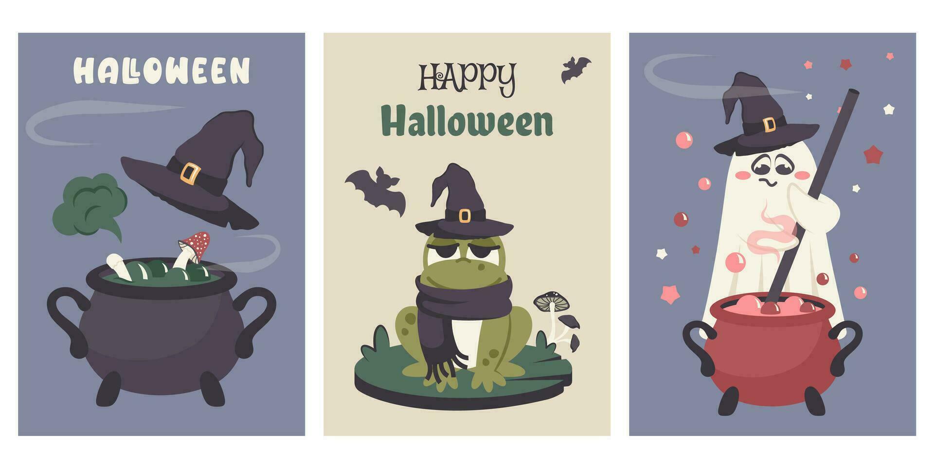 reeks van groet kaarten naar gelukkig halloween feest. hand- getrokken tekening schattig geest, tovenaars hoed, grappig kikker, knuppel silhouet, toverdrank ketel, groet tekst.vector illustratie voor uitnodiging, afdrukken vector