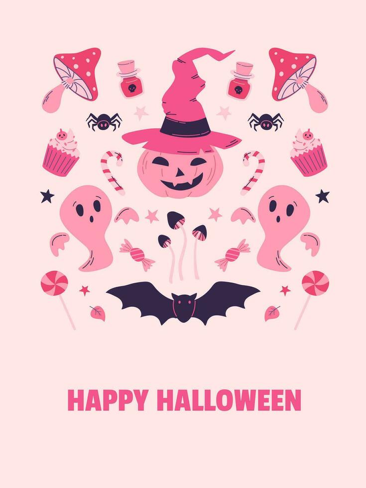 gelukkig halloween partij poster, uitnodiging, roze kern achtergrond. barbiecore vector illustratie. knuppel, pompoen met heks hoed, geest, paddestoelen, snoepgoed