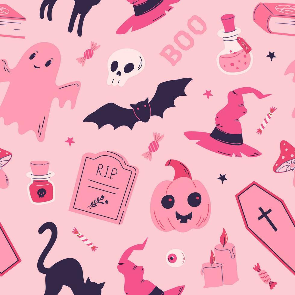 roze magie halloween naadloos patroon met geest, heks hoed, pompoen, graf, knuppel, kat. barbiecore stijl vector illustratie