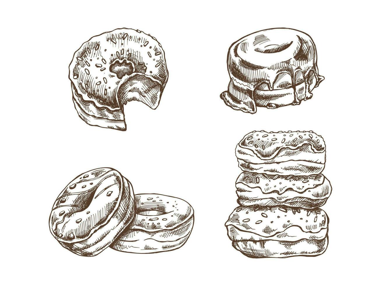 een reeks van hand getekend schetsen van donuts. wijnoogst illustratie. gebakje snoepgoed, nagerecht. element voor de ontwerp van etiketten, verpakking en ansichtkaarten. vector