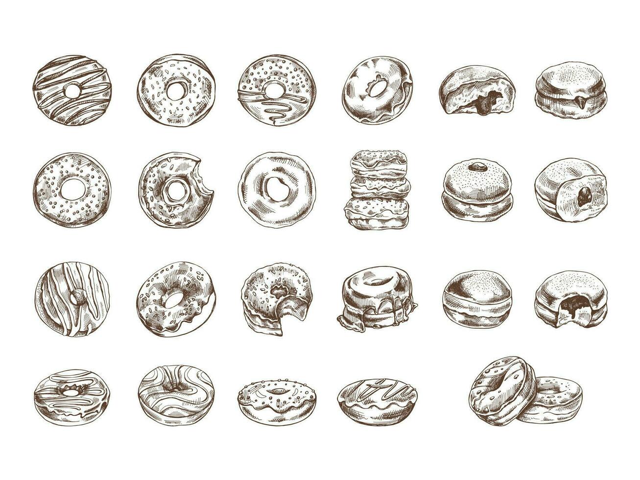 een reeks van hand getekend schetsen van donuts. wijnoogst illustratie. gebakje snoepgoed, nagerecht. element voor de ontwerp van etiketten, verpakking en ansichtkaarten. vector