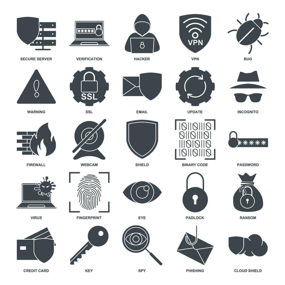cyber veiligheid icoon set, inbegrepen pictogrammen net zo schild, wachtwoord, kever en meer symbolen verzameling, logo geïsoleerd vector illustratie