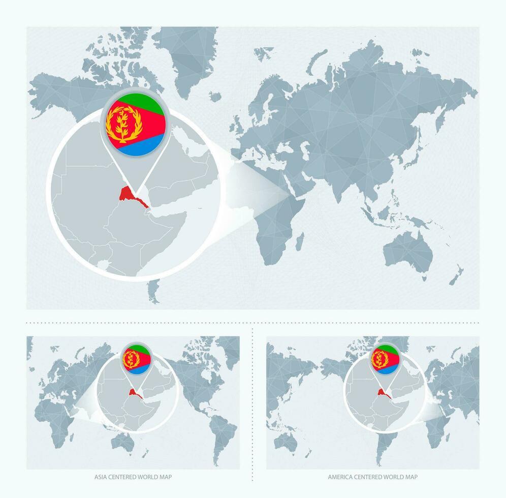 uitvergroot eritrea over- kaart van de wereld, 3 versies van de wereld kaart met vlag en kaart van eritrea. vector