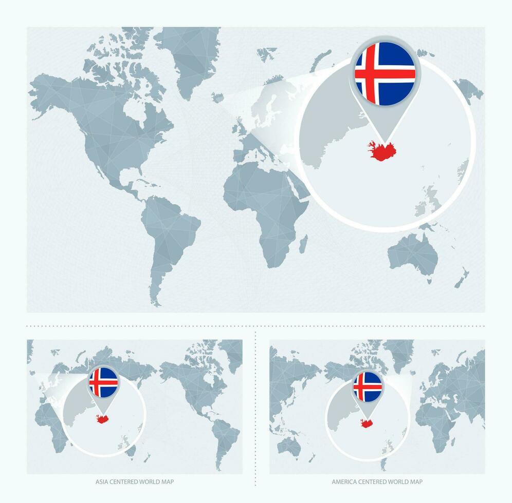 uitvergroot IJsland over- kaart van de wereld, 3 versies van de wereld kaart met vlag en kaart van IJsland. vector
