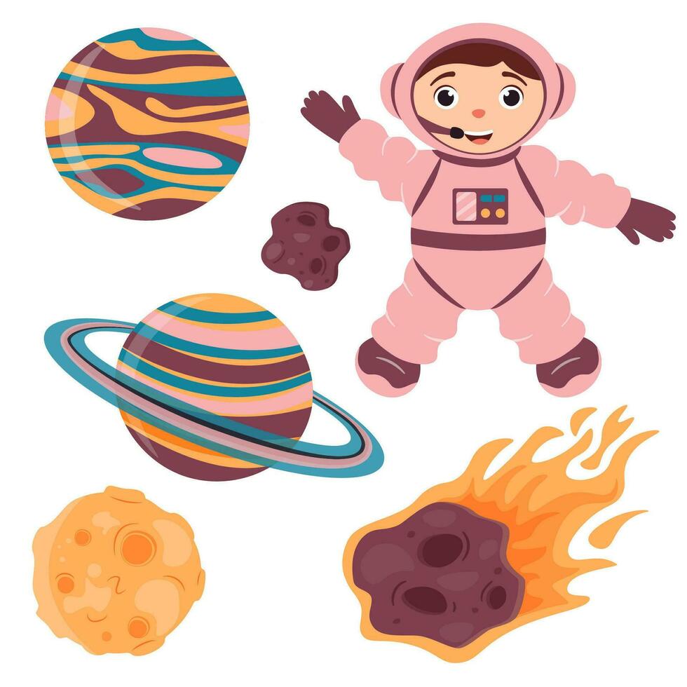 een reeks van illustraties met een schattig astronaut, maan, meteoriet en planeten in tekenfilm stijl. vector