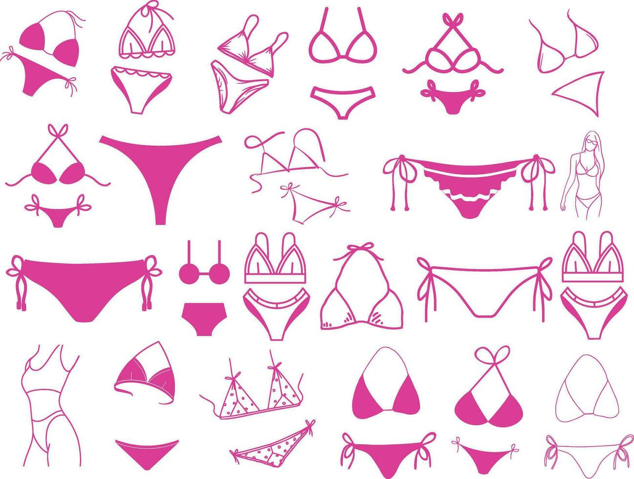 vieren nationaal bikini dag met deze icoon reeks van zwemkleding in divers stijlen en patronen, ideaal voor zomer en strand projecten, Aan wit achtergrond. vector