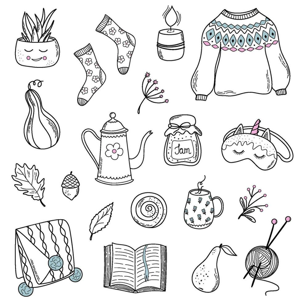 levensstijl vallen verzameling. tekening illustraties voor stickers, patronen, kleur boeken. hygge herfst set. vector