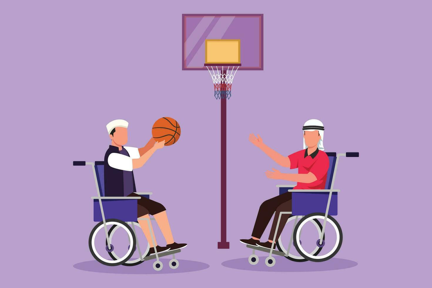 grafisch vlak ontwerp tekening blij gehandicapt Arabisch Mens in rolstoel spelen basketbal Bij basketbal rechtbank. verantwoordelijkheid en aangepaste sport- voor gehandicapt mensen. tekenfilm stijl vector illustratie