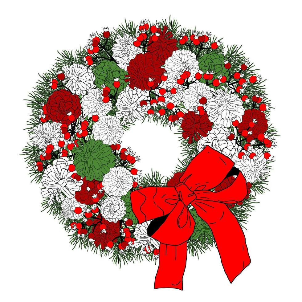 vector beeld van een Kerstmis krans gemaakt van groen bladeren, rood bessen en pijnboom kegels.nieuw jaar humeur. universeel sollicitatie. vakantie decoratie voor de deur.