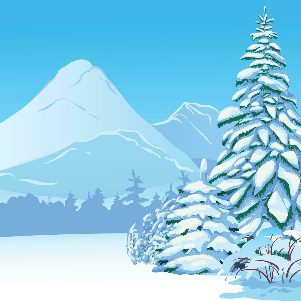 verticaal tafereel met vallend sneeuw. met sneeuw bedekt bomen, sparren tegen de backdrop van bossen en bergen. vector illustratie. Kerstmis tafereel.