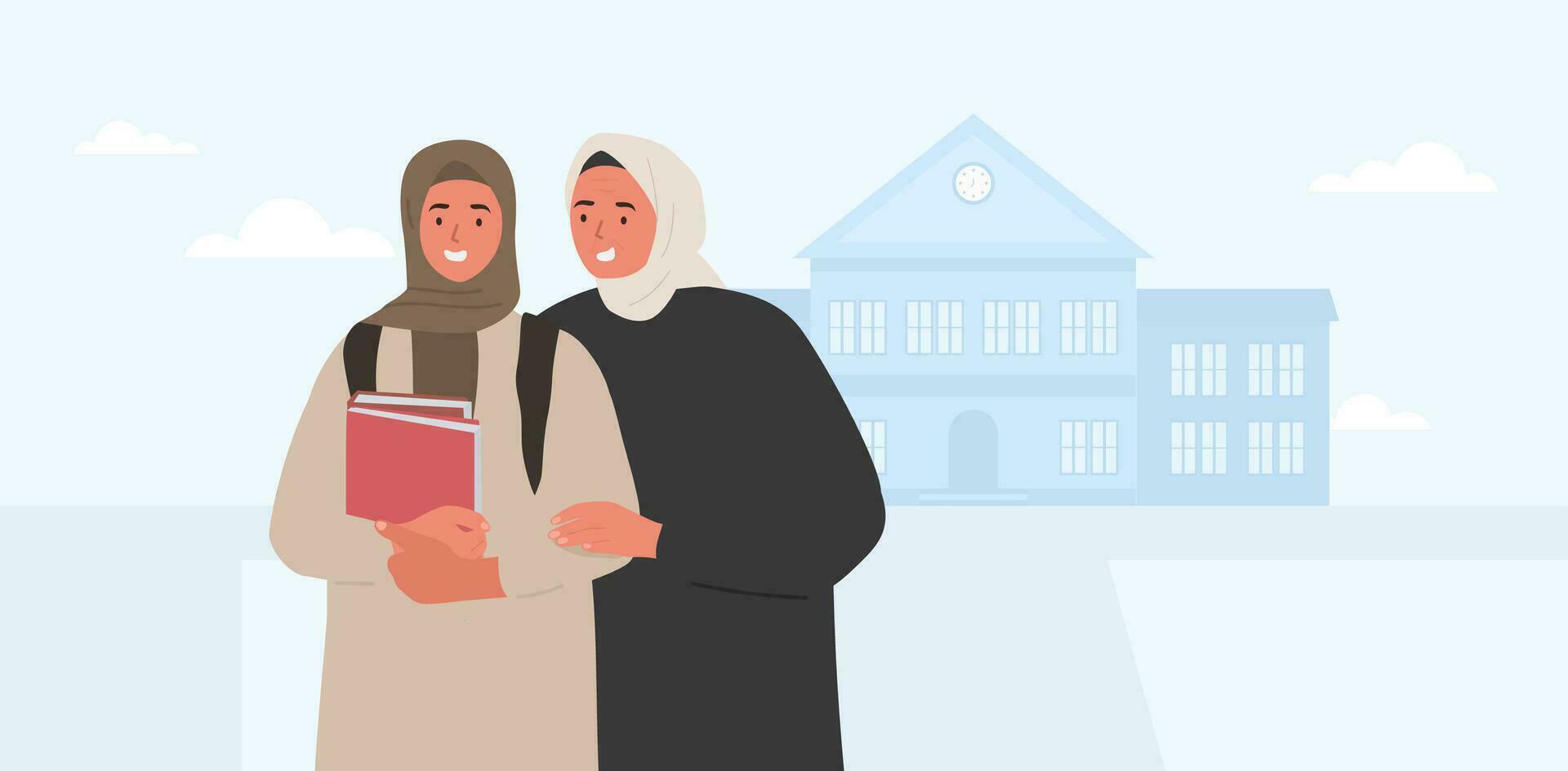 moslim mam en dochter in voorkant van de Universiteit. eerste jaar leerling. vector. vector