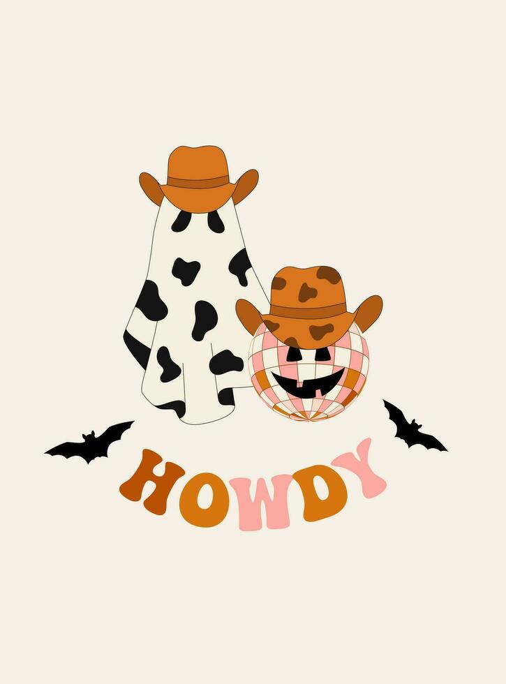 hoi. grappig halloween poster. disco bal en geest vervelend cowboy hoed. vector