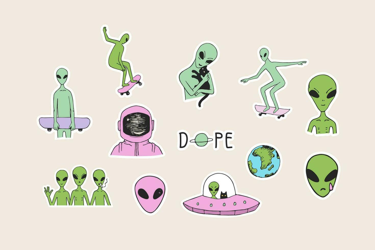 buitenaards wezen, ufo, ruimte, astronaut. buitenaards wezen met een skateboard. ruimteschip. hand- getrokken stickers. vector