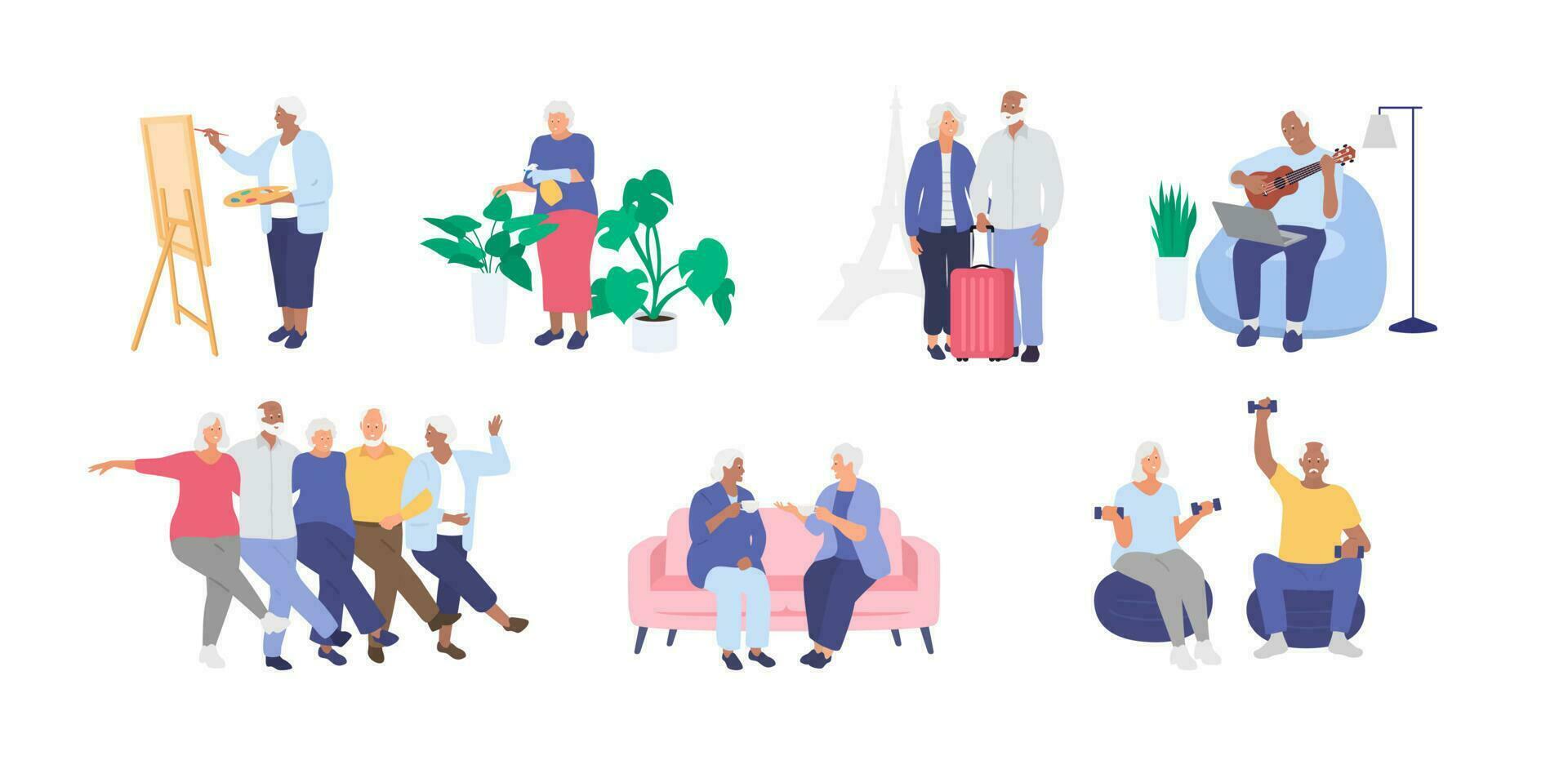 senioren, ouderen mensen hebben pret samen. gezond en actief levensstijl. hobby. grootmoeder en opa. vector