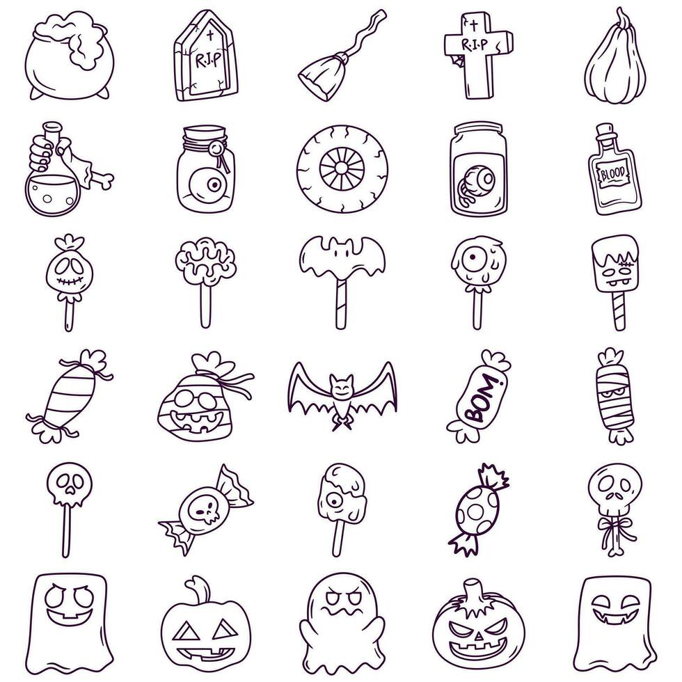 vrij vector illustratie verzameling van lijn kunst sticker Aan de thema van halloween snoep