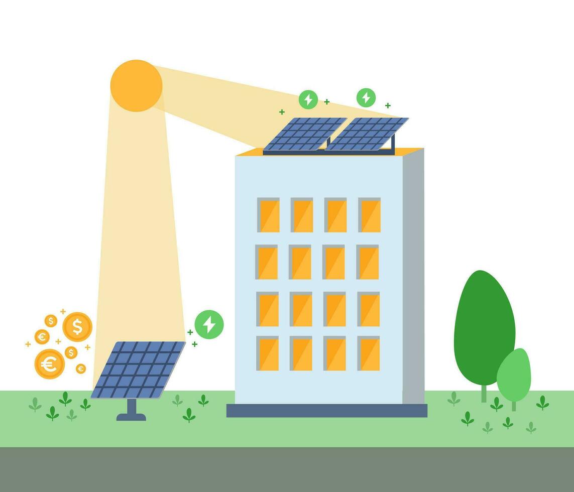 zonne- panelen Aan gebouw. hernieuwbaar energie concept. vector illustratie geïsoleerd Aan wit.