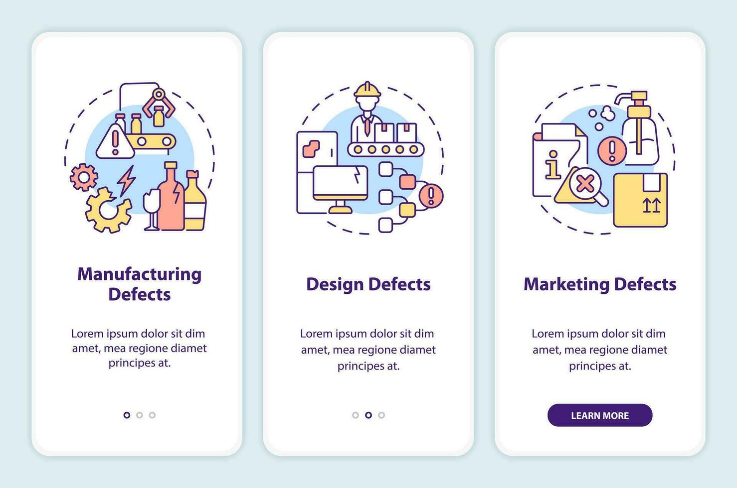 2d pictogrammen vertegenwoordigen Product aansprakelijkheid mobiel app scherm set. walkthrough 3 stappen veelkleurig grafisch instructies met dun lijn pictogrammen concept, ui, ux, gui sjabloon. vector