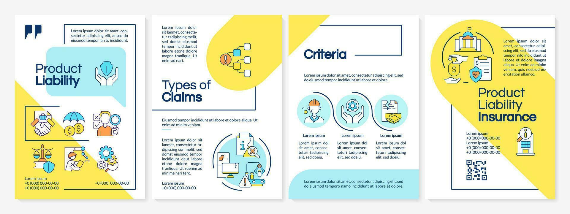 veelkleurig Product aansprakelijkheid brochure sjabloon, brochure ontwerp met dun lineair pictogrammen, 4 vector lay-outs.