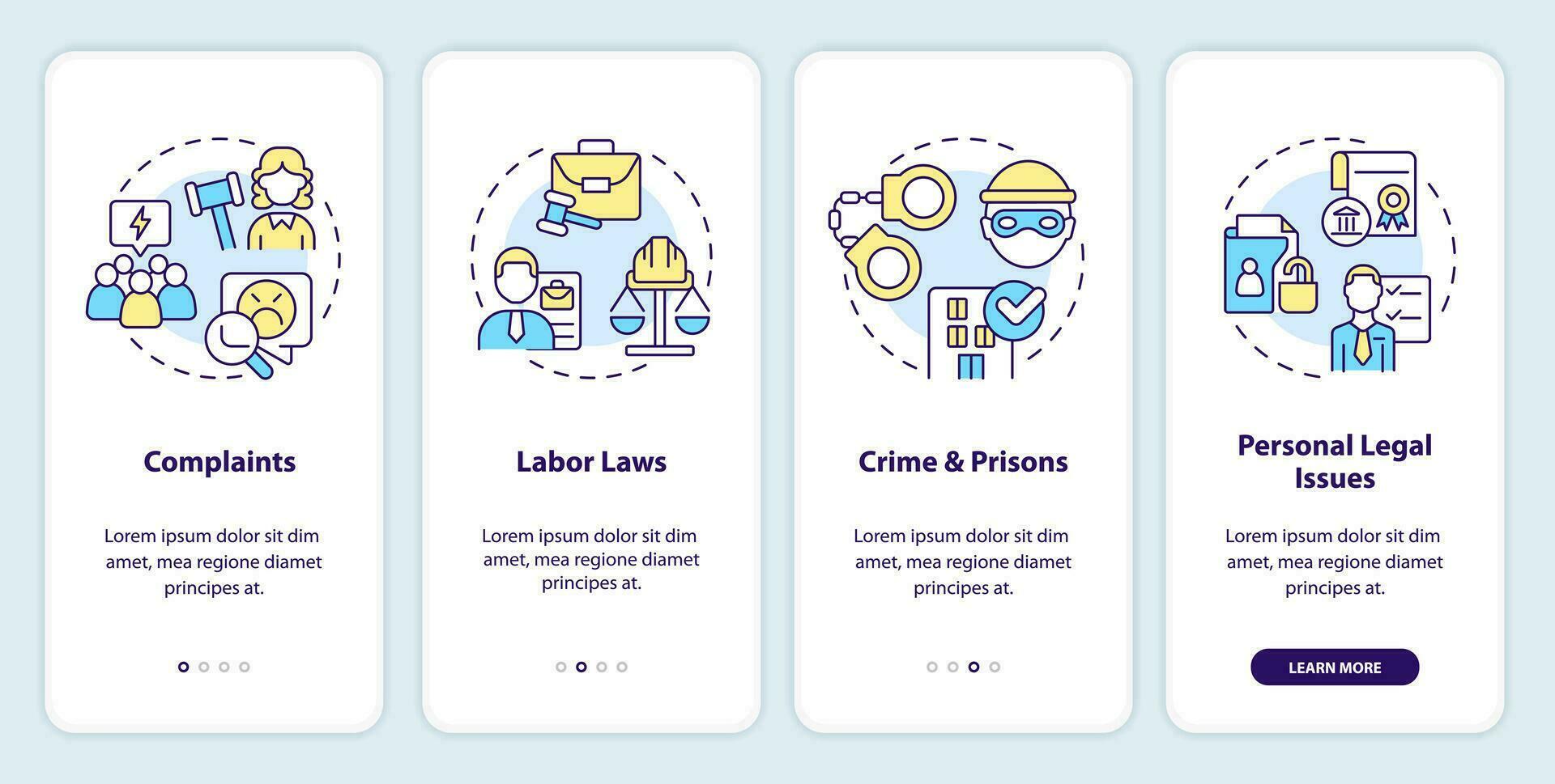 wetten en wettelijk problemen onboarding mobiel app scherm. walkthrough 4 stappen bewerkbare grafisch instructies met lineair concepten. ui, ux, gui sjabloon vector