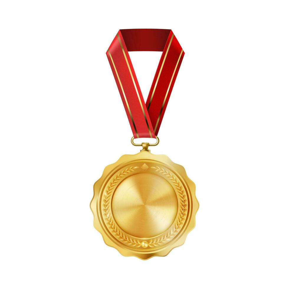 realistisch goud leeg medaille Aan rood lintje. sport- wedstrijd prijzen voor eerste plaats. kampioenschap beloning voor overwinningen en prestaties vector
