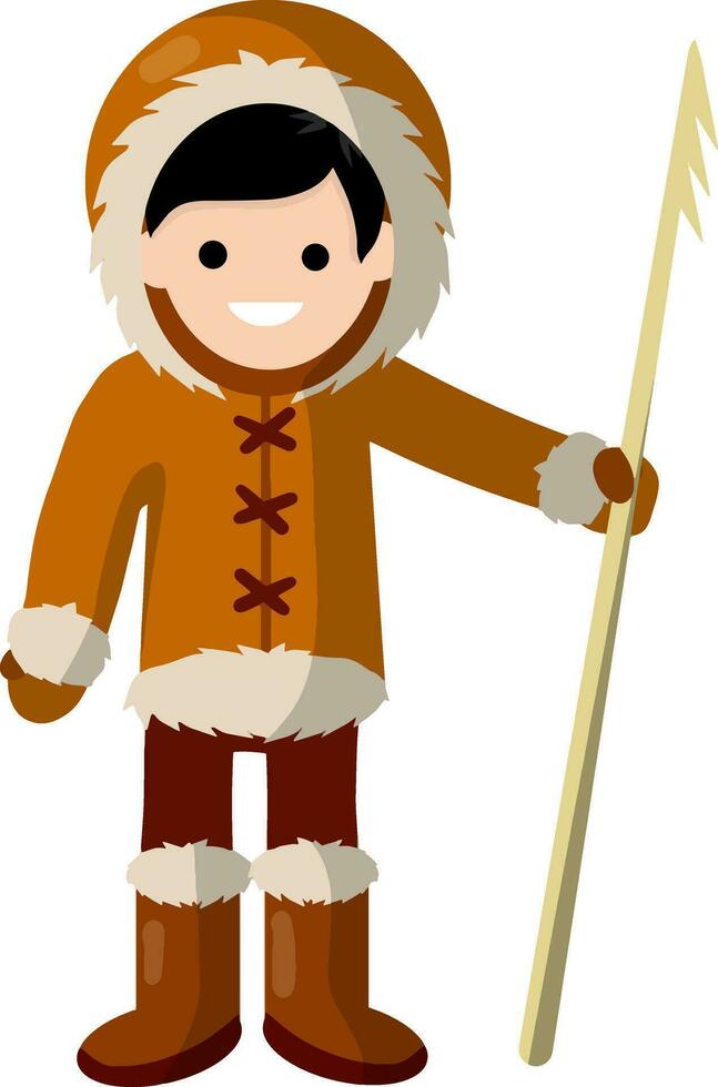 Eskimo en aleutiaan Mens. warm kleding gemaakt van leer, laarzen, handschoen, harpoen voor jacht- en vissen. leven in arctisch en noorden. tekenfilm vlak illustratie vector