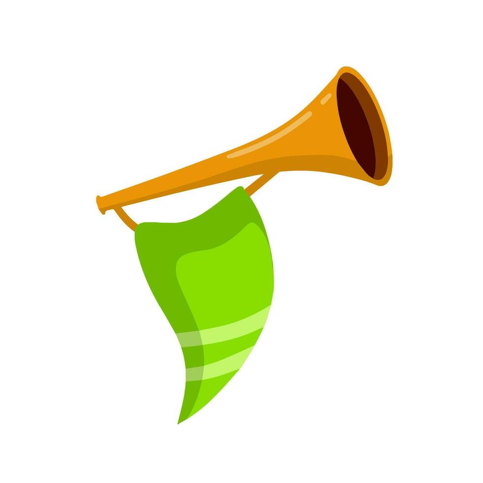 trompet. musical instrument. gouden toeter met groen vlag. plechtig evenement. element van viering en onderscheidingen. geluid en melodie. vlak tekenfilm illustratie vector