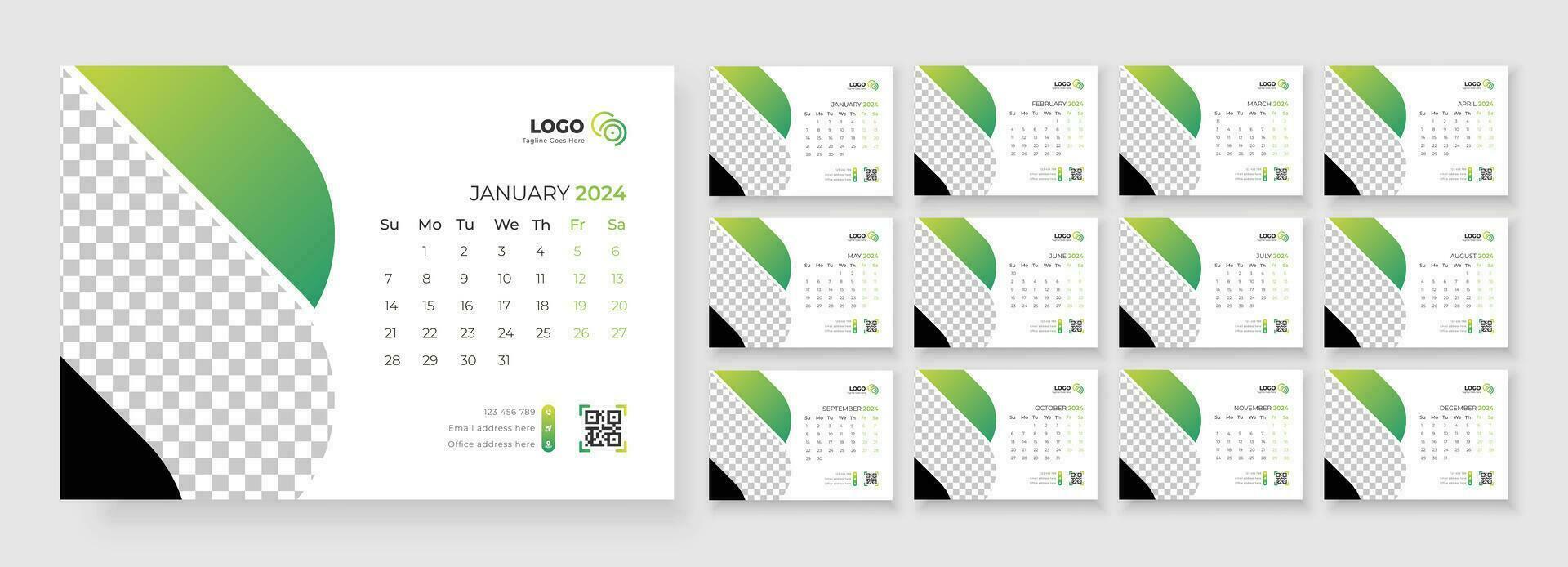 bureau kalender sjabloon 2024, sjabloon voor jaar- kalender 2024, bureau kalender kalender in een minimalistische stijl vector