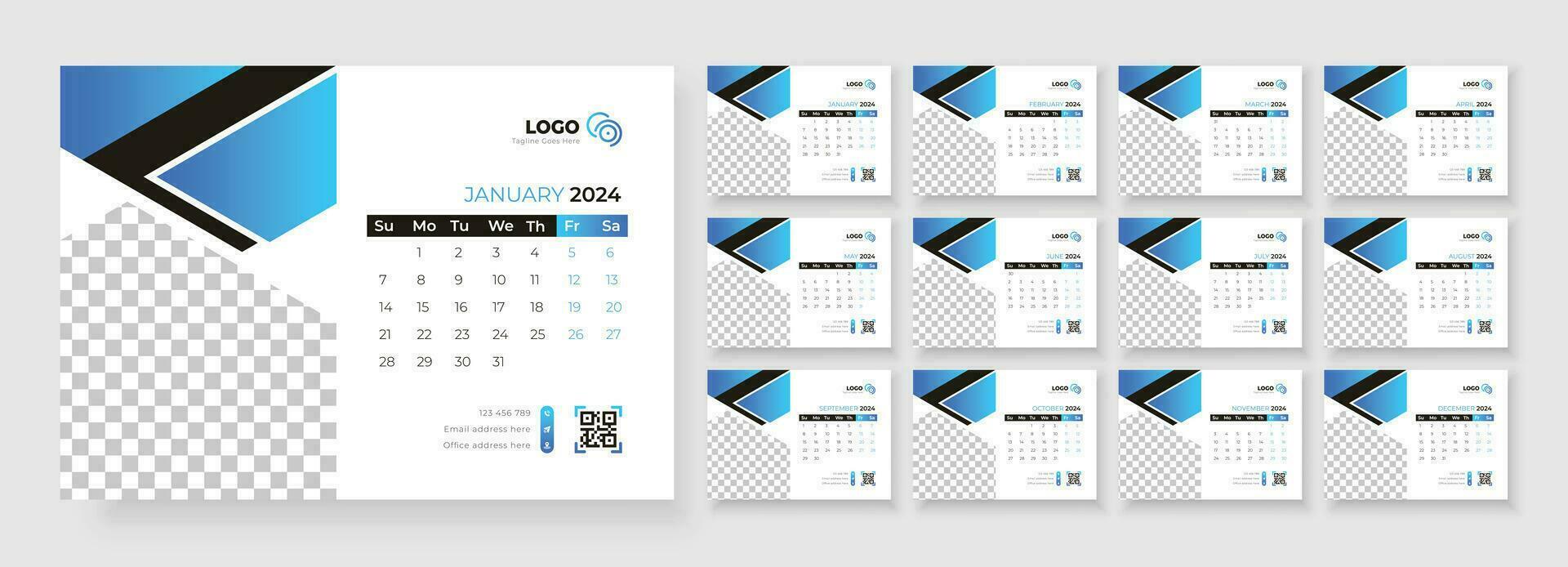 bureau kalender sjabloon 2024, kalender 2024 ontwerper zakelijke sjabloon ontwerp set, sjabloon voor jaar- kalender 2024 vector