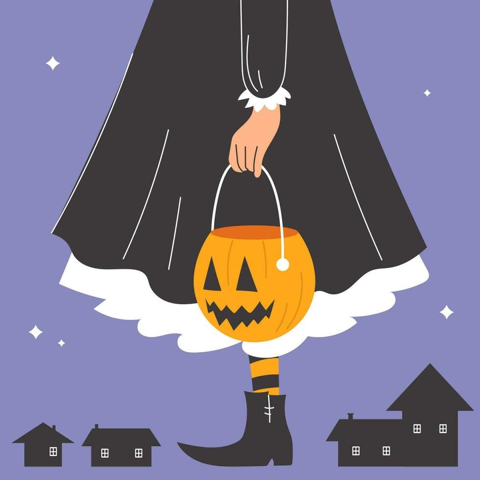 vector halloween poster met een meisje in een heks kostuum truc of behandelen. een reusachtig meisje gekleed Leuk vinden een heks met een jack O lantaarn en klein zwart huizen.