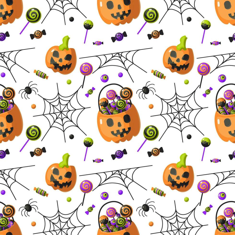 vector tekenfilm naadloos patroon voor halloween met pompoen, snoep, lolly, spin, web