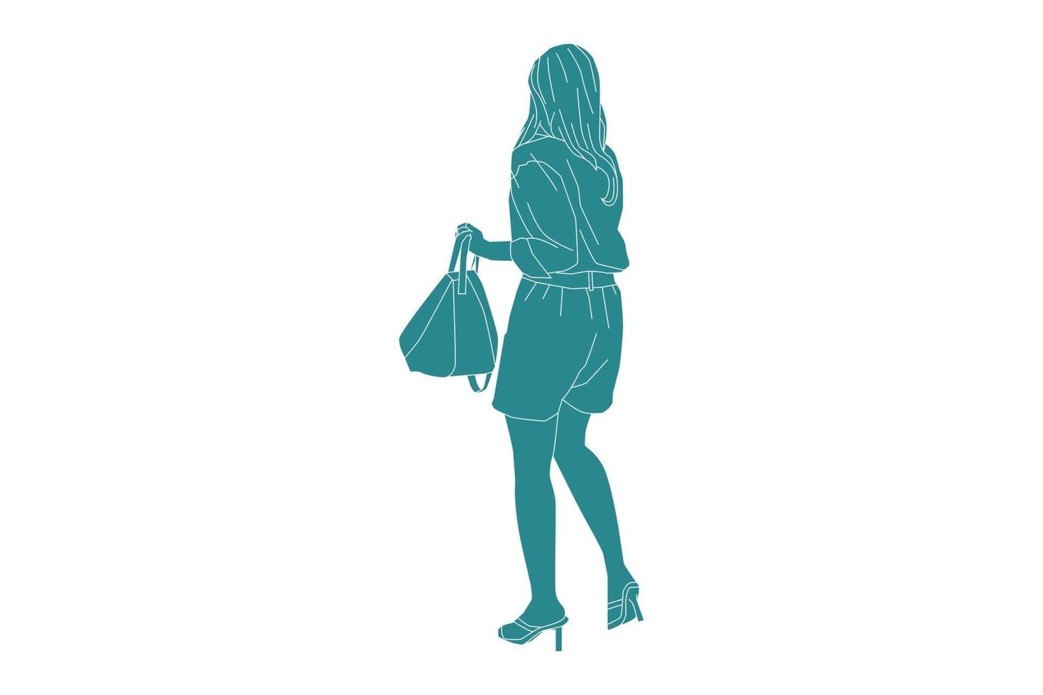 vectorillustratie van modieuze vrouw die op de zijweg loopt met haar tas, vlakke stijl met omtrek vector