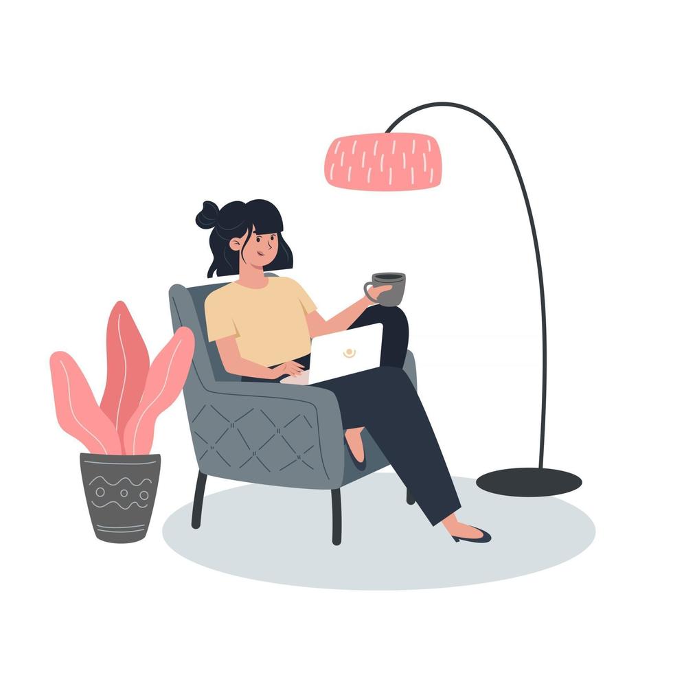 jonge vrouw zittend op een leunstoel en thuiswerkend op een laptop vector