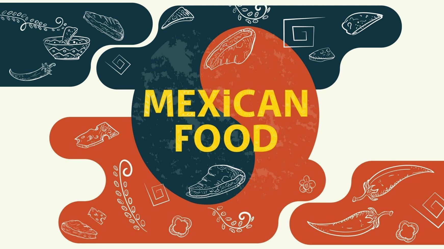 illustratie schets voor het ontwerp evenwicht bord met de inscriptie mexicaans eten tortilla's taco's hete chili peper takjes planten vector