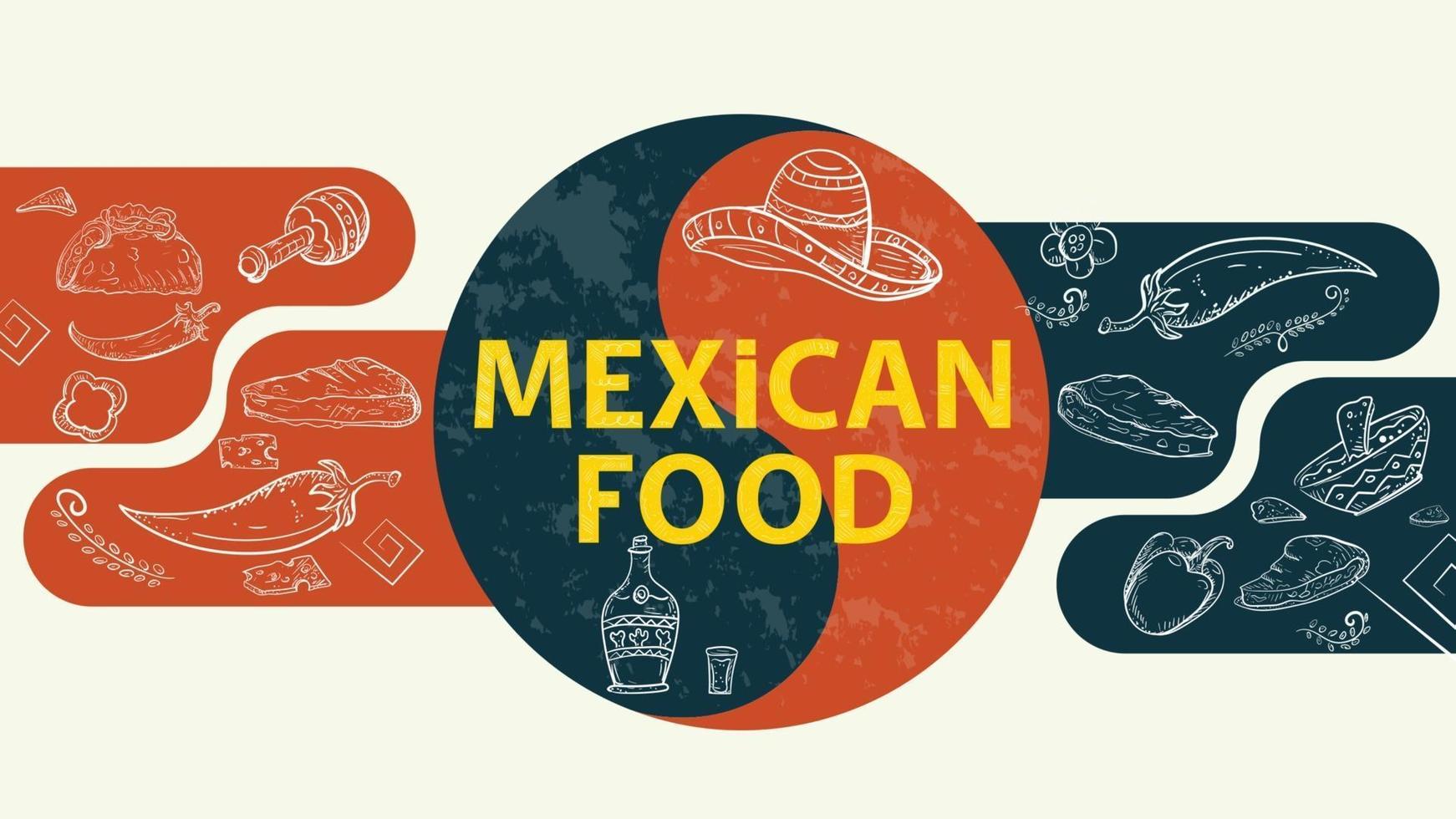 illustratie schets voor het ontwerp evenwicht bord met de inscriptie mexicaans eten tequila drinken fles sombrero hoed hete chili peper tortilla taco of burrito vector