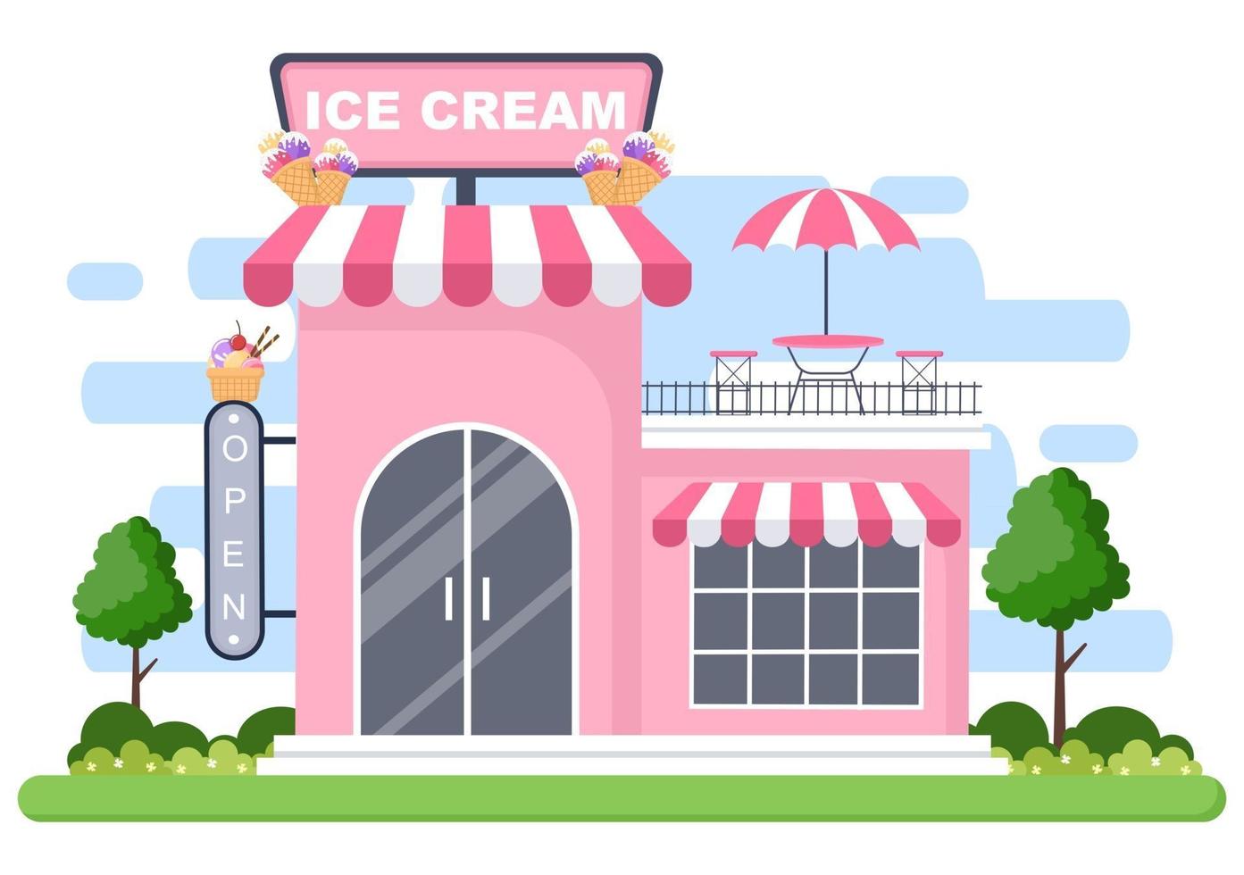 ijssalon illustratie met open bord, boom en gebouw winkel buitenkant. plat ontwerpconcept vector